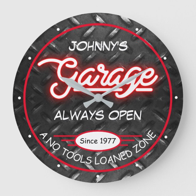 Grande Horloge Ronde Garage pour n'importe quel nom Faux Red Neon Plaqu (Recto)
