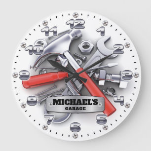 Grande Horloge Ronde Garage Tools Man Cave Personnalisable Wall Clock