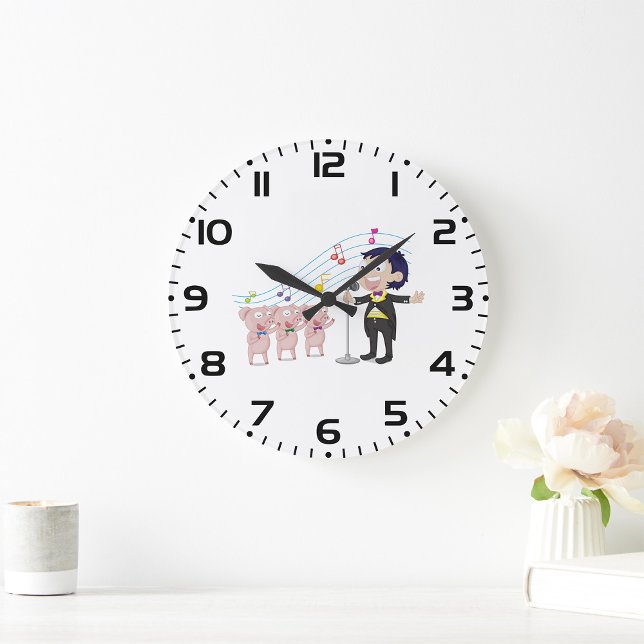 Grande Horloge Ronde Garçon chantant avec un chœur de trois cochons (Créateur téléchargé)