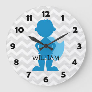 Grande Horloge Ronde Garçon Superhero Bleu Personnalisé Grey Chevron En