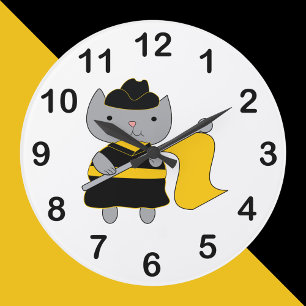 Grande Horloge Ronde Garde de couleur Chat Noir Jaune Fanfare