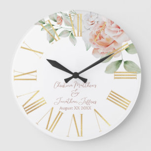 Grande Horloge Ronde Garde de mariage Fleurs aquarelles pêche et blanc