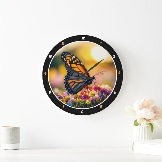 Grande Horloge Ronde Garden Dawn" - Papillon et fleurs (Maison)