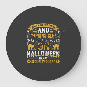 Grande Horloge Ronde Gardien de sécurité Halloween chats noirs et citro
