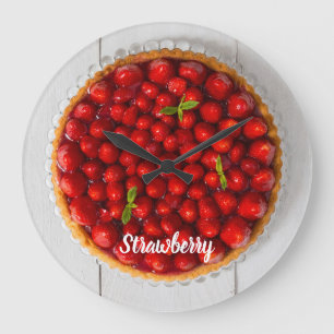 Grande Horloge Ronde Gâteau aux fraises à la menthe sur bois blanc