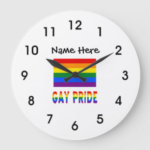 Grande Horloge Ronde gay pride et drapeau arc-en-ciel avec votre nom