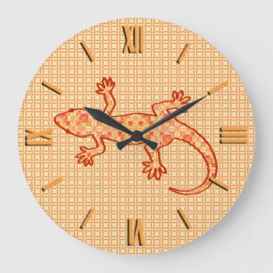 Grande Horloge Ronde Gecko tribal de batik - de corail et orange-clair