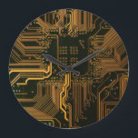 Grande Horloge Ronde Geek Sortie carte circuit électronique orange PCB<br><div class="desc">PCB Circuit Board cadeaux pour les geeks ou cadeaux pour les nerds. En voici un pour l'Ordinateur Nerd ou Geek en chacun de nous. Geek Sortez votre Nerd avec cette carte circuit électronique PCB. Il s'agit d'une image de fond d'une carte de circuit imprimé ou d'une carte de circuit électronique....</div>