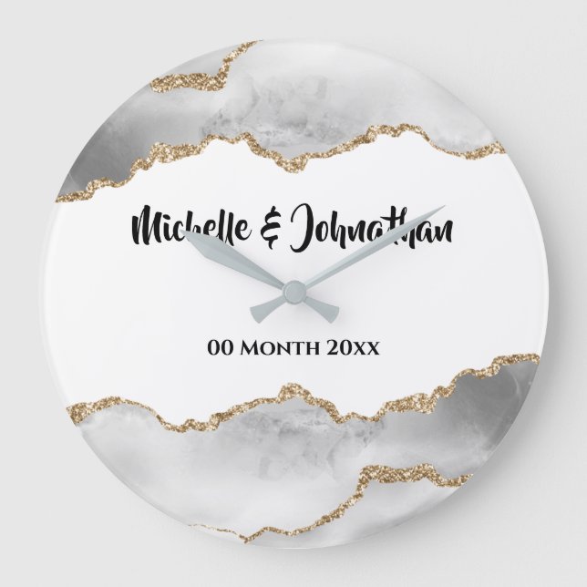 Grande Horloge Ronde Géode blanc faux or agate aquarelle nuptiale (Recto)