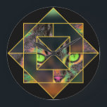 Grande Horloge Ronde Géometric interlocking Diamond Pop art Pet Cat<br><div class="desc">Unique interlocking diamond,  triangle colorful pop art style pet cat. Green eyes and pink nose show through this funky geometric mask design.</div>