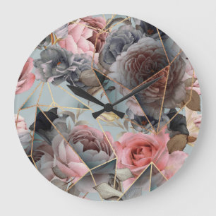 Grande Horloge Ronde Géométrie en cristal floral, fond lumineux aquarel