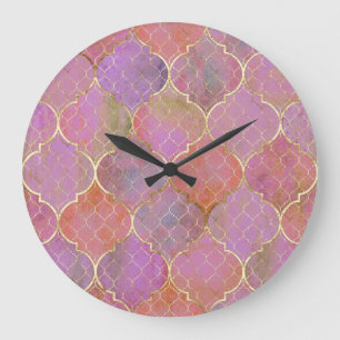 Grande Horloge Ronde Géométrique Abstraite : Aquarelle d'or marocaine