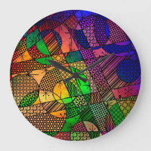 Grande Horloge Ronde Géométrique Coloré, Abstrait avec des Motifs Rétro