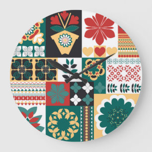 Grande Horloge Ronde Géométrique mexicaine : Ornement vert rouge.