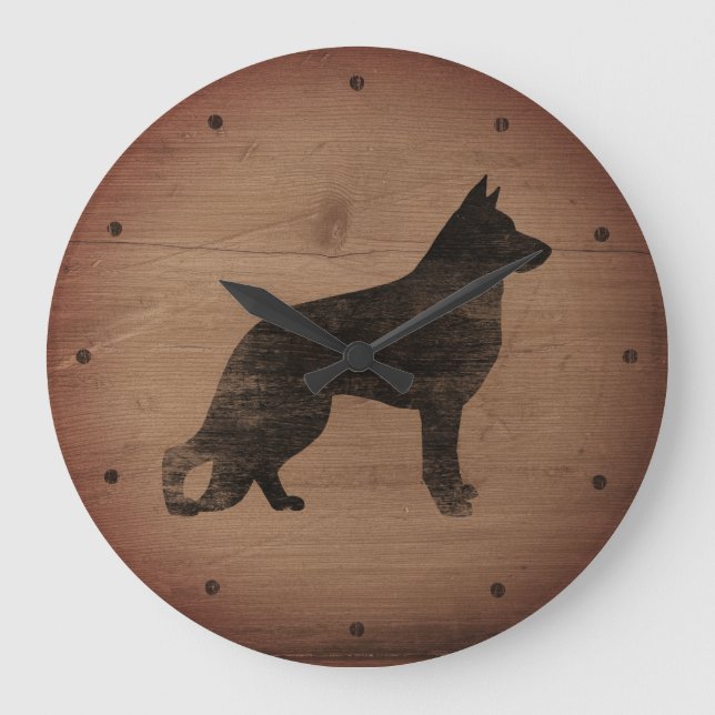 Grande Horloge Ronde German Shepherd Dog Silhouette Rustic Style GSD (Recto)