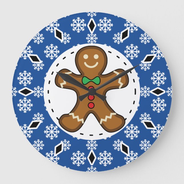 Grande Horloge Ronde Gingerbread Man on Blue White Snowflakes (Recto)