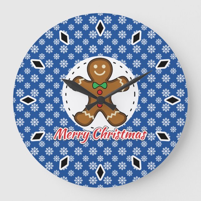 Grande Horloge Ronde Gingerbread - Patters bleus - Merry Xmas (Recto)