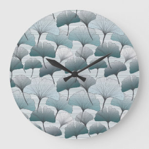 Grande Horloge Ronde Gingko biloba, motif bleu sans soudure.