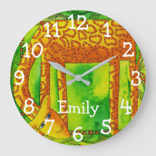 Grande Horloge Ronde Girafe à motif aquarelle nom personnalisé