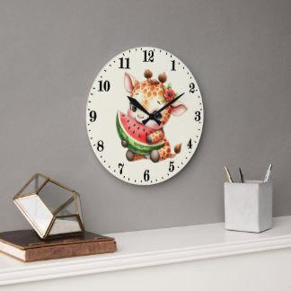 Grande Horloge Ronde Girafe amoureux de pastèque mignons