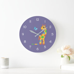 Grande Horloge Ronde Girafe et papillon de dessin animé coloré