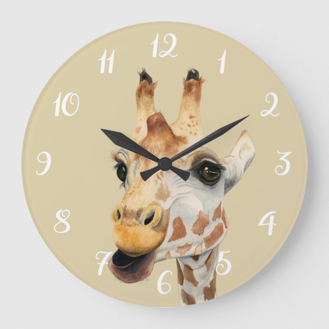 Grande Horloge Ronde Girafe Safari Watercolor Nursery Room (Recto)