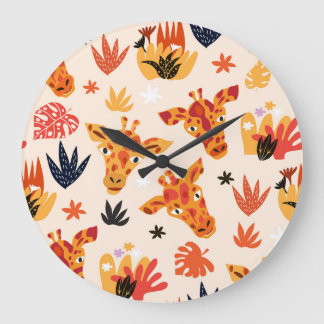 Grande Horloge Ronde Giraffe de dessin : Floral Savanna Motif
