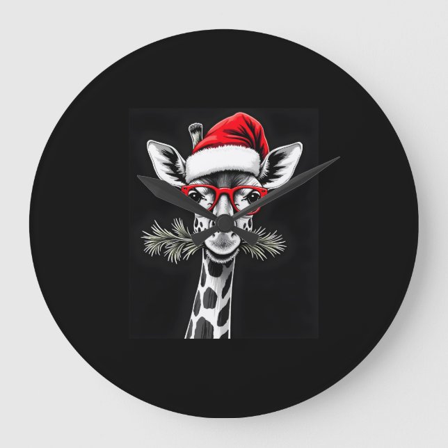 Grande Horloge Ronde Giraffe de Noël Santa Hat Pajama Cadeau Famille Ma (Recto)