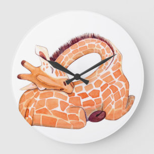 Grande Horloge Ronde Giraffe dormante : Aquarelle douce