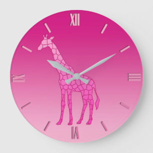 Grande Horloge Ronde Giraffe géométrique moderne, Fuchsia et rose pâ
