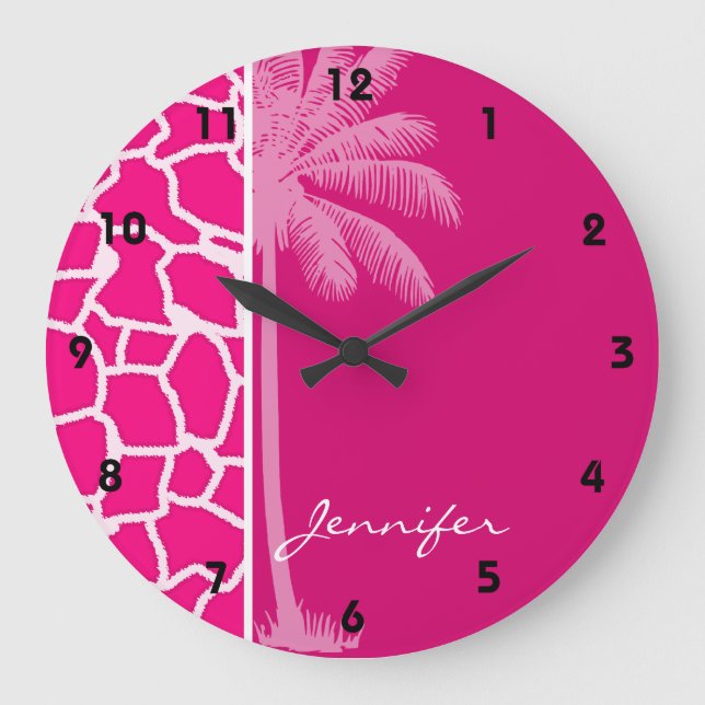 Grande Horloge Ronde Giraffe rose vif Poster de animal; Palme d'été (Recto)