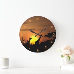 Grande Horloge Ronde Giraffes À Nairobi Safari Sunset Watercolor Art