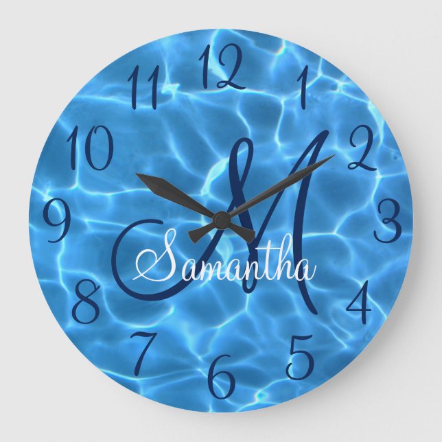 Grande Horloge Ronde Girl Aqua Bleue Piscine Photo Monogramme (Recto)