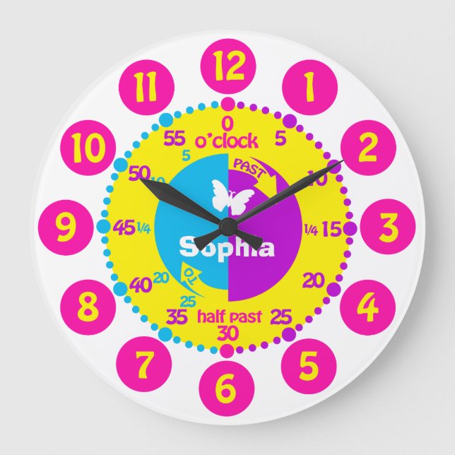 Grande Horloge Ronde Girls apprends à tell time bright personalized clo (Recto)