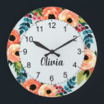 Grande Horloge Ronde Girls Cute Floral Watercolor Flowers<br><div class="desc">This cute and modern floral clock design fecute colorful watercolor flowers,  and has space for you to write girls name in a hand-written font. A parfaite addition botanical to your little's room or baby girls nursery.</div>