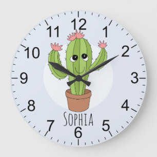 Grande Horloge Ronde Girls Cute Kawaii Cactus Plante et nom Enfants