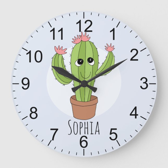 Grande Horloge Ronde Girls Cute Kawaii Cactus Plante et nom Enfants (Recto)