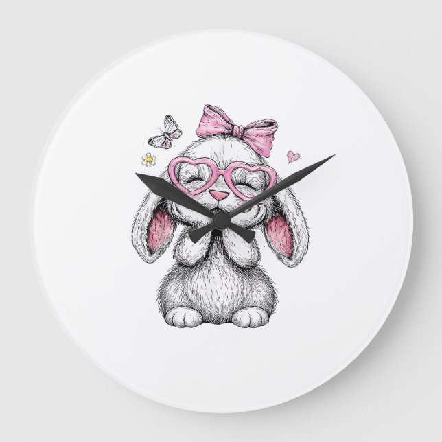 Grande Horloge Ronde Girls Easter Cute Bunny Face Pink Easter Kids Todd (Recto)