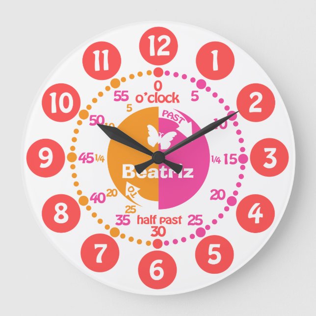 Grande Horloge Ronde Girls learn time pink red orange clock (Recto)