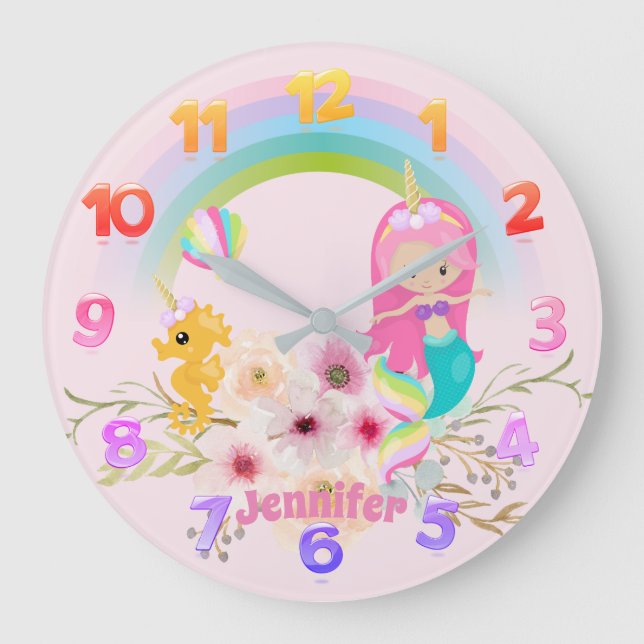 Grande Horloge Ronde Girls Mermaid Unicorn Prince Nursery Clock Named (Recto)