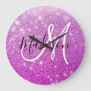 Grande Horloge Ronde Girly & Glam Purple Glitter Sparkles Monogram Name