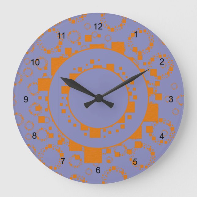 Grande Horloge Ronde Girly orange purple circle squares pattern dizzy (Recto)