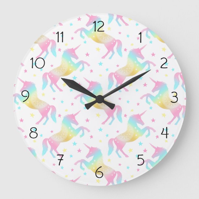 Grande Horloge Ronde Girly Pastel Rainbow Unicorn Pattern (Recto)