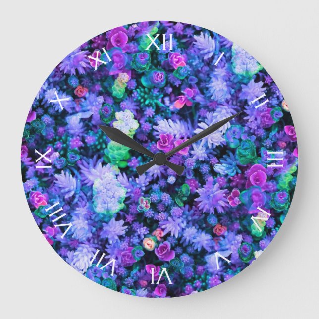 Grande Horloge Ronde Girly Pink and Purple Floral Succulents (Recto)