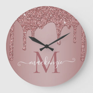 Grande Horloge Ronde Girly Rose Gold Sparkle Glitter Drips monogram