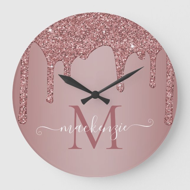 Grande Horloge Ronde Girly Rose Gold Sparkle Glitter Drips monogram (Recto)