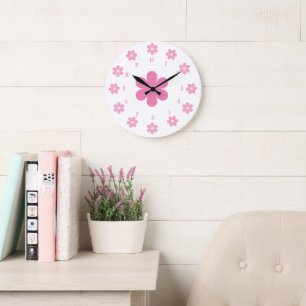 Grande Horloge Ronde Glam à fleurs roses