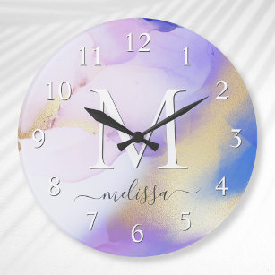 Grande Horloge Ronde Glam Lilac Gold Abstrait Peinture Élégant Monogram