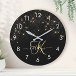 Grande Horloge Ronde Glam Parties scintillant or diamant étincelle Élég<br><div class="desc">Créez votre propre horloge brillante diamant noir et or personnalisée avec votre monogramme et nom personnalisés.</div>