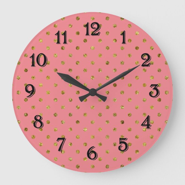 Grande Horloge Ronde Glamour doré chic et points roses (Recto)